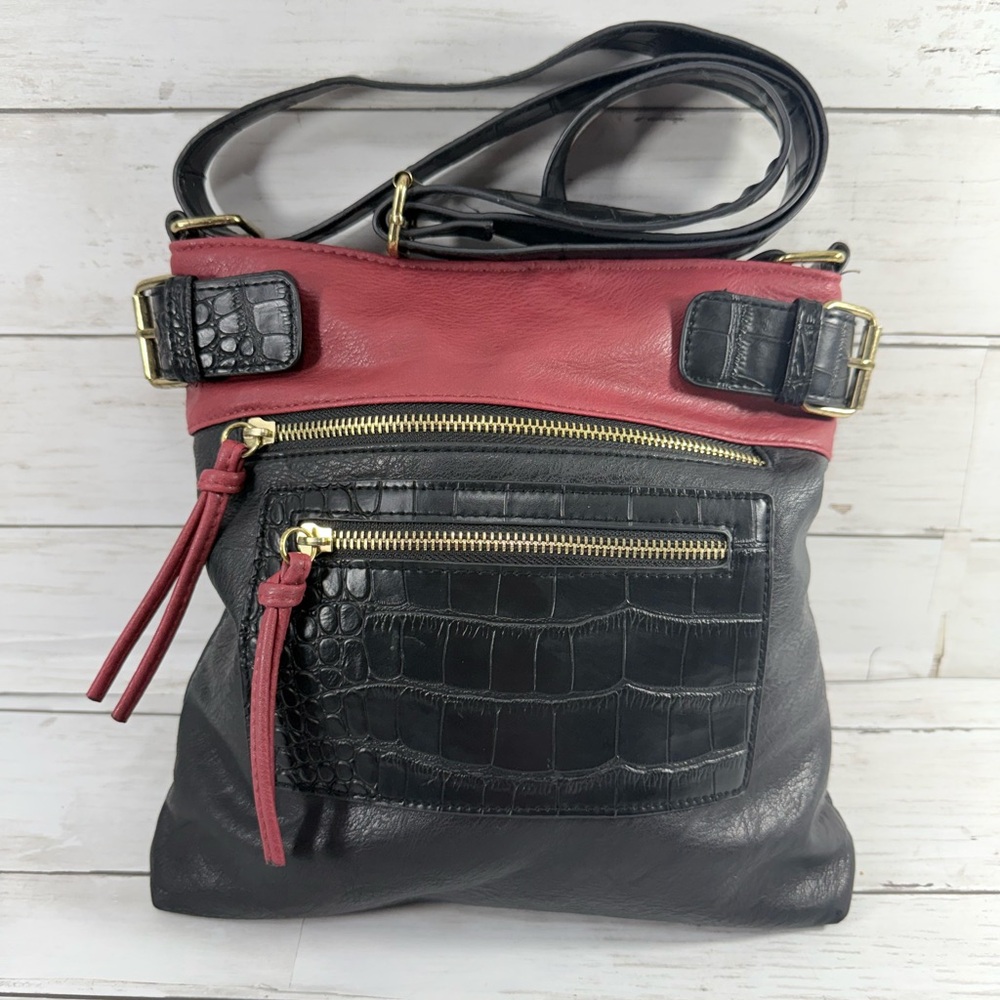 Gal Color Block pebbled Croc Faux Leather Crossbody Sqaure Bag Purse Black